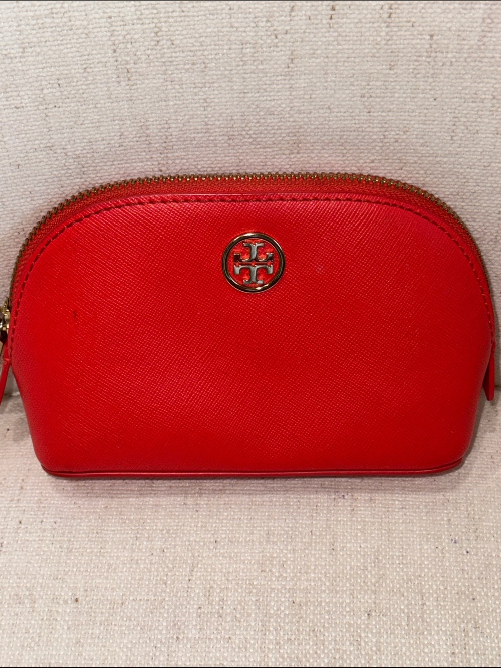 Tory Burch Orange-Red Dome Cosmetic Pouch with Gold Logo